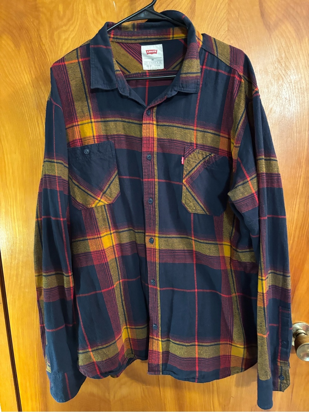 Levi's Men's Navy Plaid Button-Up Shirt with Yellow and Red Accents